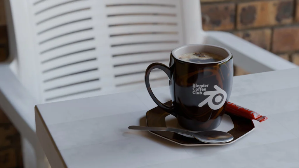 Rendu 3D publicitaire d’une tasse de café noire « Blender Coffee Club », posée sur une soucoupe avec une cuillère.