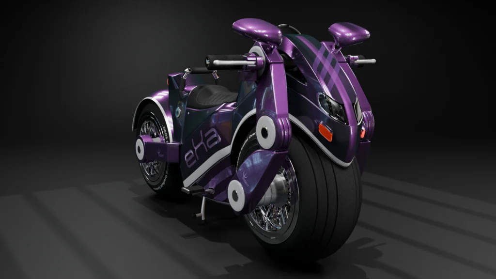 Rendu 3D d’une moto futuriste violette et blanche, vue de trois quarts arrière sur fond sombre.