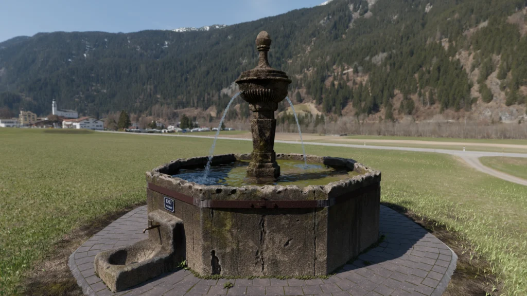 Rendu 3D d’une fontaine en pierre ancienne, au premier plan d’une vallée de montagne verdoyante.