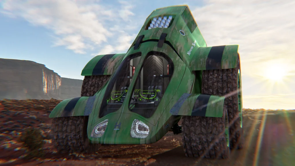 Rendu 3D d’un véhicule tout-terrain futuriste camouflage vert, au lever du soleil dans un décor désertique.