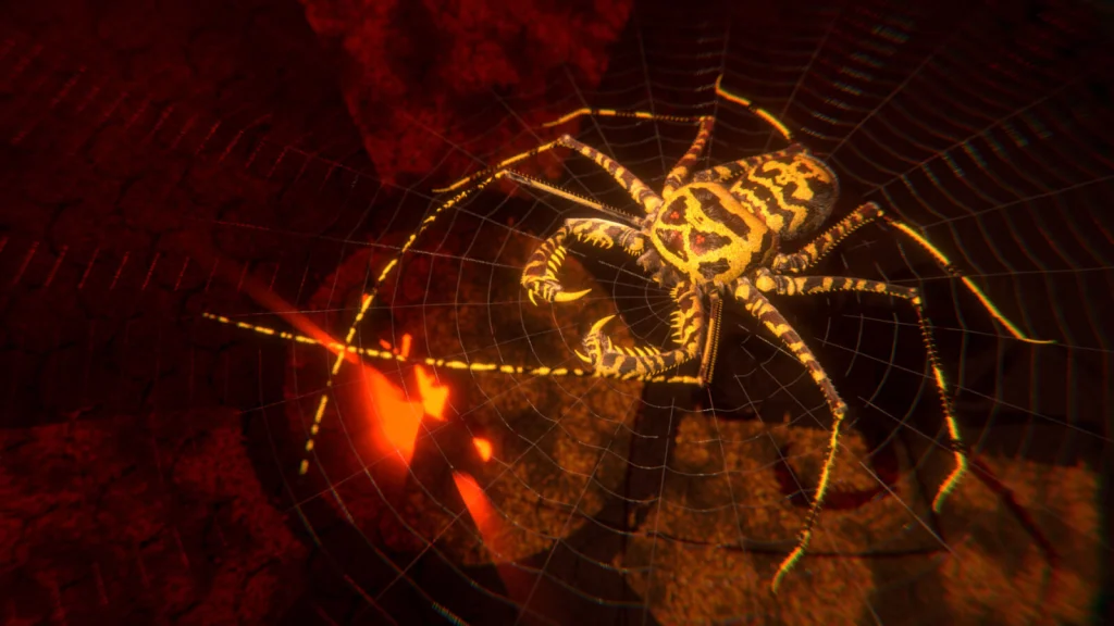 Rendu 3D d’une araignée stylisée jaune et noire au centre de sa toile, dans une ambiance rouge et orangée.