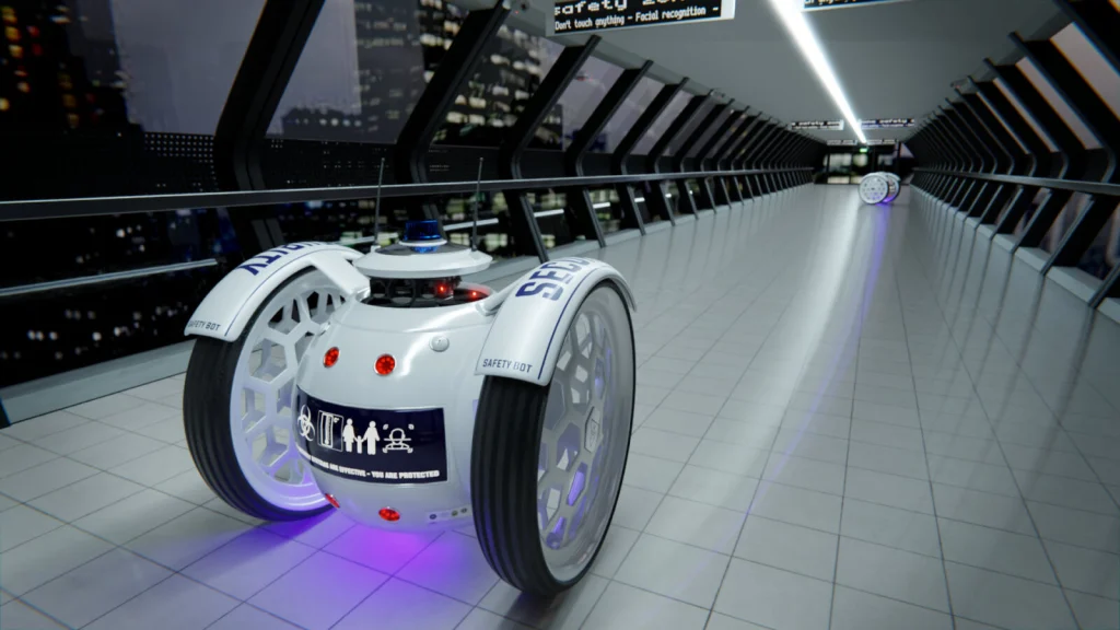Rendu 3D d’un robot de sécurité sur roues, dans un couloir futuriste dominant une ville la nuit.
