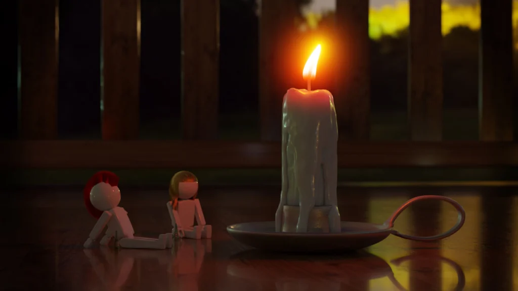 Rendu 3D de deux personnages miniatures stylisés assis près d’une bougie allumée, en soirée.
