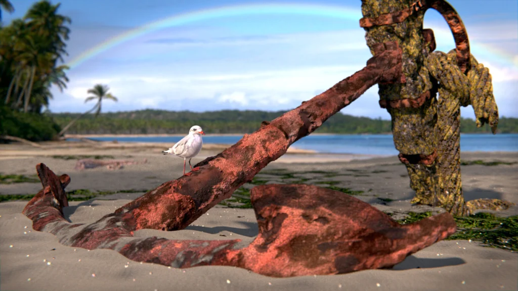 Rendu 3D d’une mouette posée sur une ancre marine rouillée, sur une plage avec un arc-en-ciel en arrière-plan.