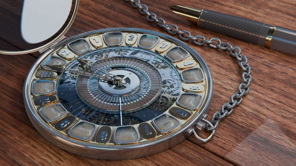 Rendu 3D en gros plan d’une montre à gousset squelette mécanique, avec un stylo à plume et sa chaîne.